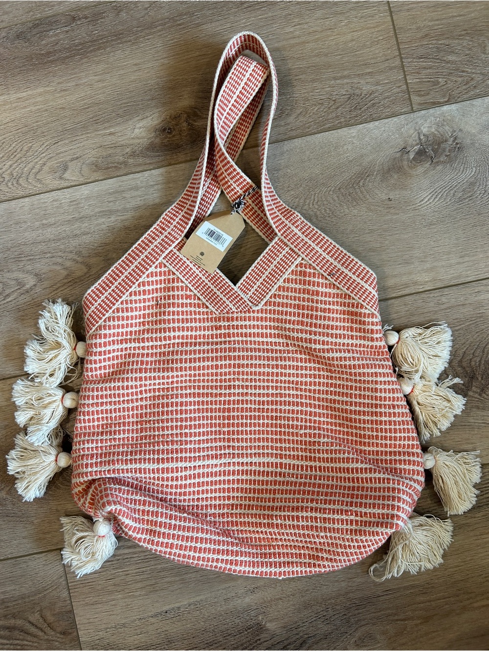 Twig & Arrow Handwoven coral & Cream Tassel Tote boho Bag - Picture 2 of 6